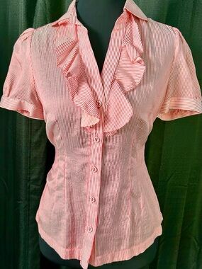 VTG Y2K Banana Republic Red, White Striped Ruffle Silk/Cotton Blend Top, Size XS